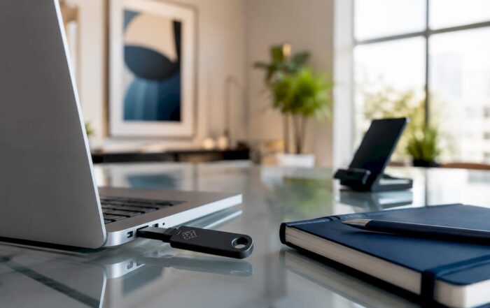 Una chiave di sicurezza hardware collegata al laptop, all'interno della sala server.