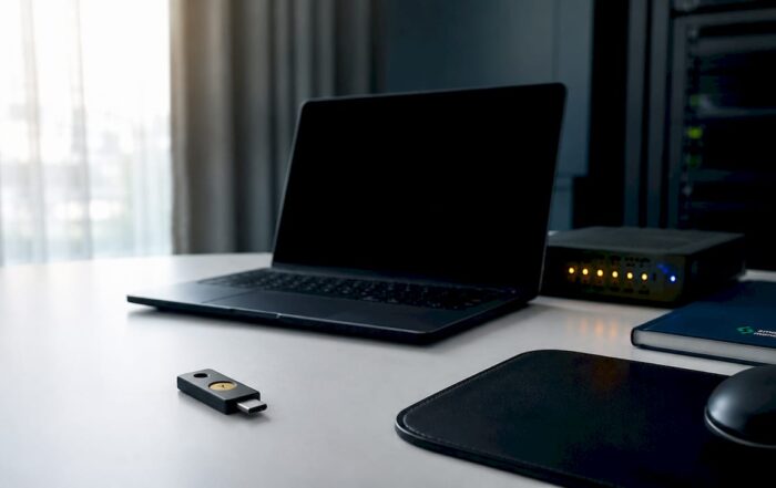 Chiavetta di sicurezza e computer portatile appoggiati sulla scrivania